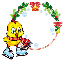 Christmas holiday round frame with cute chicken in funny hat ice skating.  