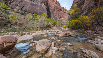 Cascades along the Virgin River on the Riverside Walk trail. Zion National Park, Utah, USA