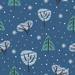 Seamless winter pattern with trees and bushes