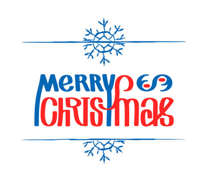 Merry christmas. Calligraphy clip-art, vector illustration. Suitable for poster or web banner. Isolated on white, template with blue snow borders and snowflakes