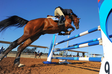 Rider on horse jumping over a hurdle during the equestrian event