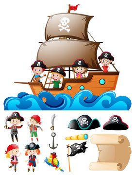 Pirate set with kids on ship and other elements
