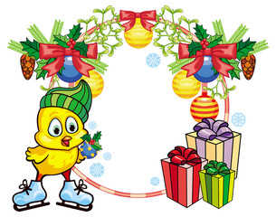 Christmas holiday round frame with cute chicken in funny hat ice skating.  