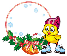Christmas holiday round frame with cute chicken in funny hat ice skating. 