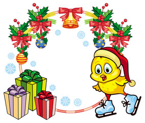 Christmas holiday round frame with cute chicken in funny hat ice skating.  
