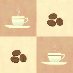 Hot coffee cup and coffee beans seamless pattern