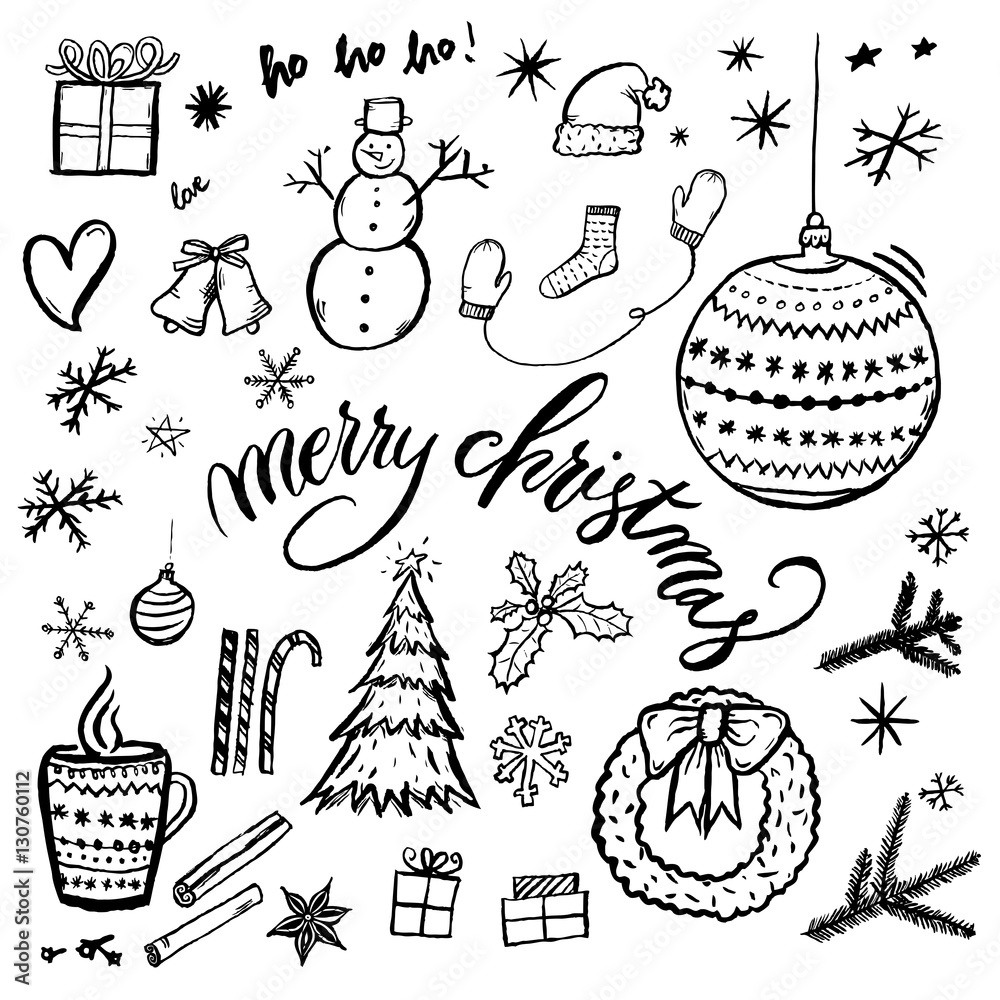 Wall mural Merry Christmas hand-drawn illustration isolated on white background with text. Set of  xmas hand drawn doodle drawings. Snowman, hot winter tea, cinnamon, holly wreath, sock, ho ho ho, Christmas ball