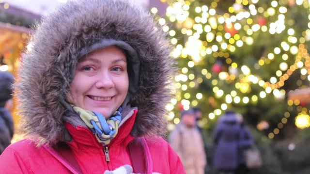Happy tourist woman in Tallin, Estonia, selective focus video