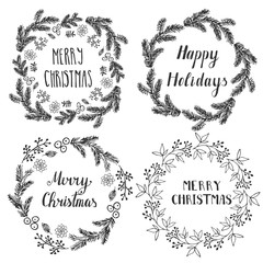 Vintage Christmas card. Celebration background with wreath and place for your text. Vector Illustration
