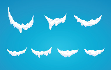 Snow caps hanging on menu bar and buttons set. New year decorati