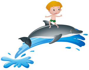 Boy standing on dolphin back