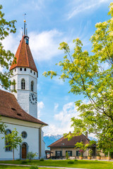 The city center of Thun, Switzerland with view of City Church.