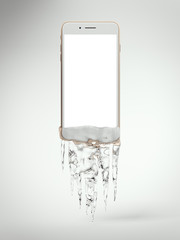 White Frozen phone with icicles. 3d rendering