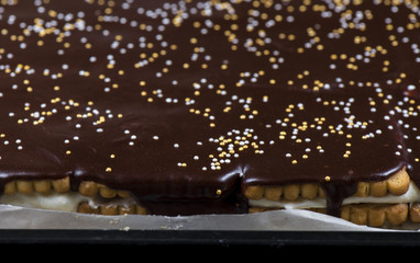 chocolate cake from pastry on a baking sheet for baking