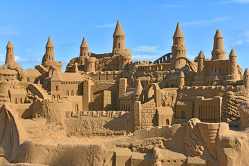 Beautiful large sand castle on Malvarrosa beach in Valencia, Spain
