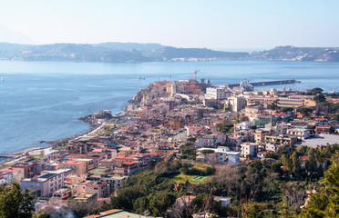 landscape of the gulf of Pozzuoli and Pozzuoli town, Naples, Campi Flegrei, Italy - obrazy, fototapety, plakaty