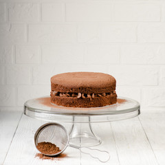 Chocolate cake with berries and cocoa powder on white wooden background. Authentic.