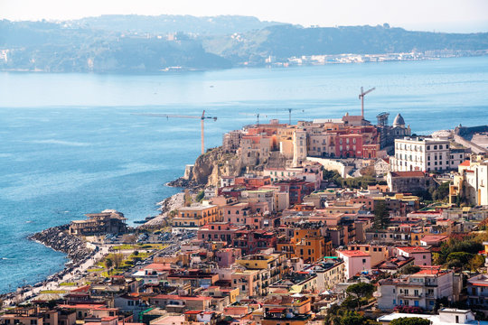 landscape of the gulf of Pozzuoli and Pozzuoli town, Naples, Campi Flegrei, Italy