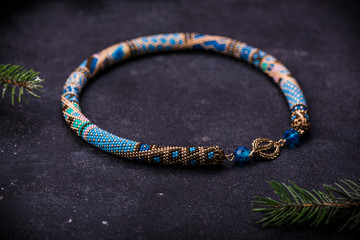 Beadwork. Beaded necklace. Winter. Christmas. Handmade Jewelry. Blue.