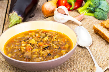 Vegetarian soup with lentils and aubergines