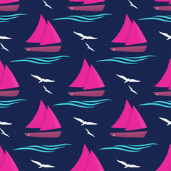 Ships at sea. The pattern is decorated with waves and seagulls.