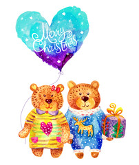 Merry Christmas watercolor Bears characters in love with a balloon illustrations isolated on white background. Perfect for Christmas greeting card 
