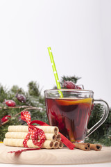 Tea with lemon and biscuits on a wooden base