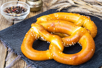 Homemade soft pretzels with sesame seeds and sea salt