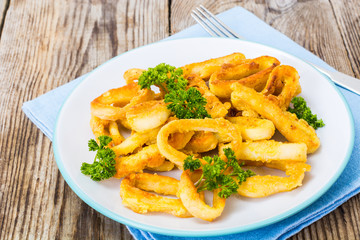 Fried squid rings in breadcrumbs