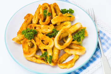 Fried squid rings in breadcrumbs