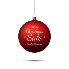 Merry Christmas red ball sale with snowflakes. Holiday discount.