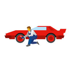 Mechanic with wrench repair red sport car. Specialist adjust wheel (or tires) on auto. Flat style vector illustration isolated on white background.