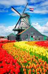 traditional Dutch windmill of Zaanse Schans, Netherlands, retro toned