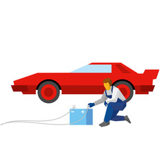 Mechanic recharge battery for red sport auto. Specialist with accumulator sits near a car. Flat style vector illustration isolated on white background.