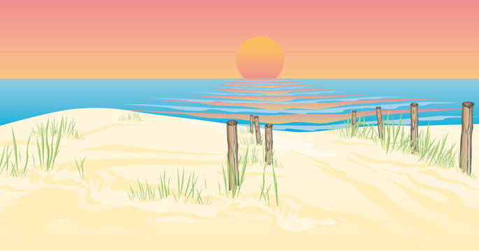 Vektor Illustration eines Weges zum Ufer an einem See oder Meer mit Sonnenuntergang und Sandd&uuml;ne sch&ouml;ne Urlaubsstimmung