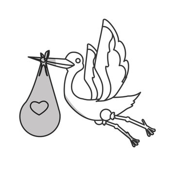 stork flying holding a bag with a baby icon over white background. vector illustration