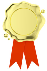 Gold wax seal with small red ribbons isolated on white