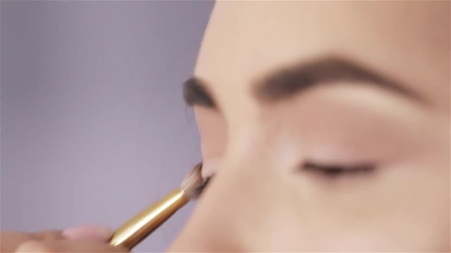 Make up artist paints shadows eyes of beautiful brunette young woman close-up