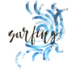 Vintage watercolor summer surfing print with typography design, palm trees and lettering. Tropical set, fashion , T-shirt .