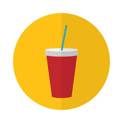 yellow circle with soda drink disposable cup with straw icon over white background. vector illustration