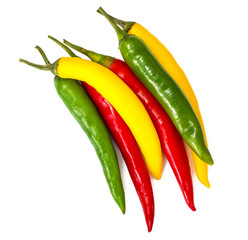 Colorful chili peppers on a white background