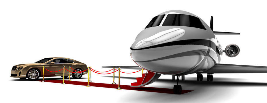 Private jet with red carpet and a limousine / 3D render image representing an private jet with a red carpet and a limousine