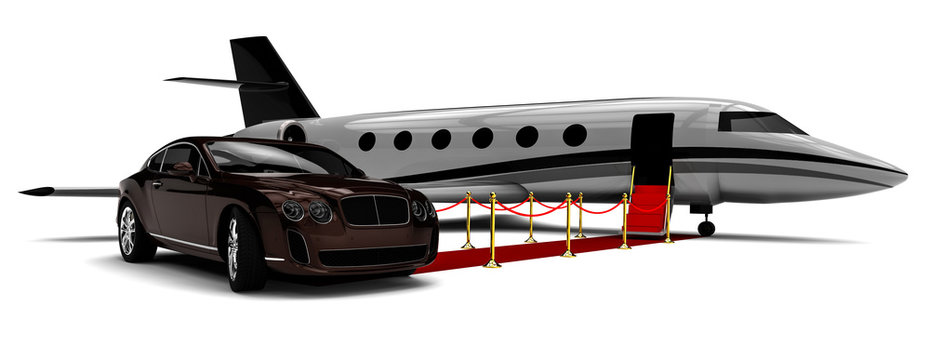 Private jet with red carpet and a limousine / 3D render image representing an private jet with a red carpet and a limousine
