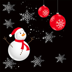 Snowman on a black background with red Christmas balls