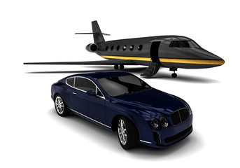 Private jet with a Luxury Car / 3D render image representing an private jet with a luxury car