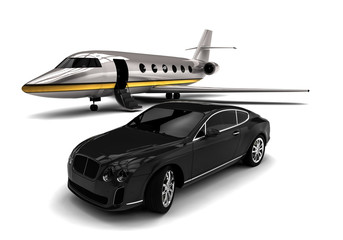 Private jet with a Luxury Car / 3D render image representing an private jet with a luxury car