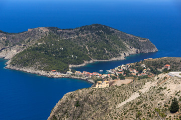 Fototapeta premium Panorama of Assos village and beautiful sea bay, Kefalonia, Ionian islands, Greece
