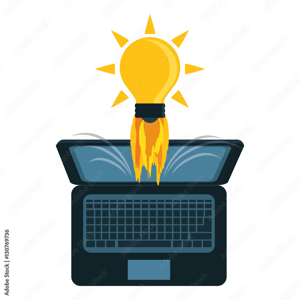 Poster laptop computer with bulb light launching over white background. star up concept. colorful design. vector illustration