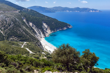 Naklejka na ściany i meble Panoramic View of beautiful Myrtos bay road to beach, Kefalonia, Ionian islands, Greece