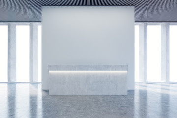 Reception counter, corridor, wide window shades